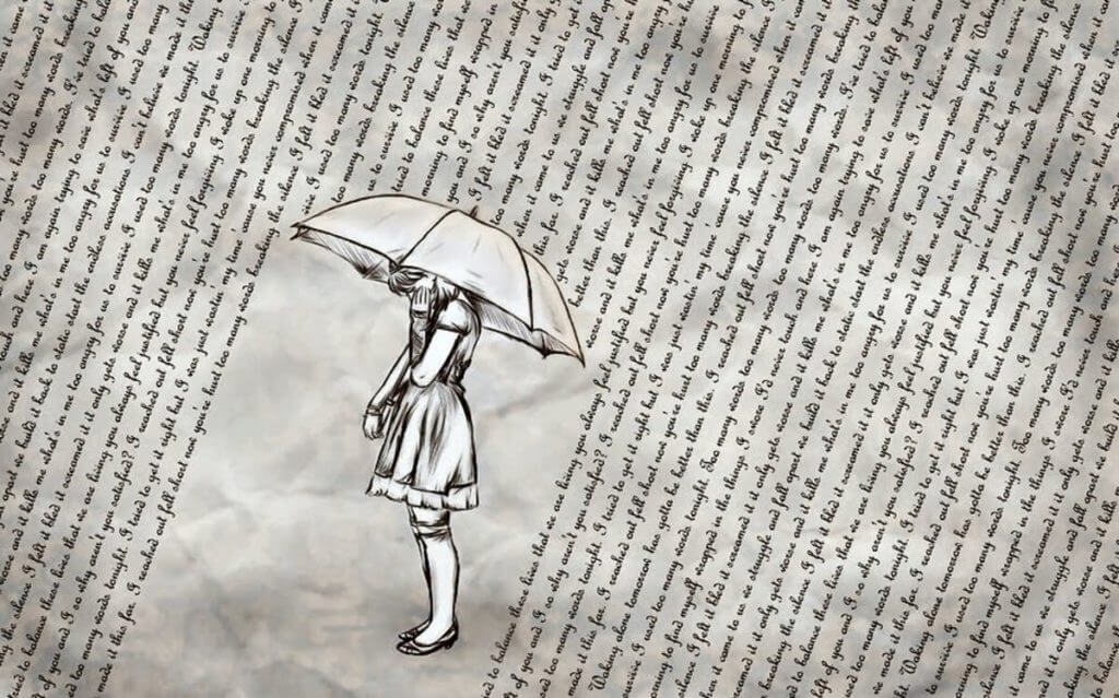 garota com guarda chuva se protegendo de palavras cando do céu